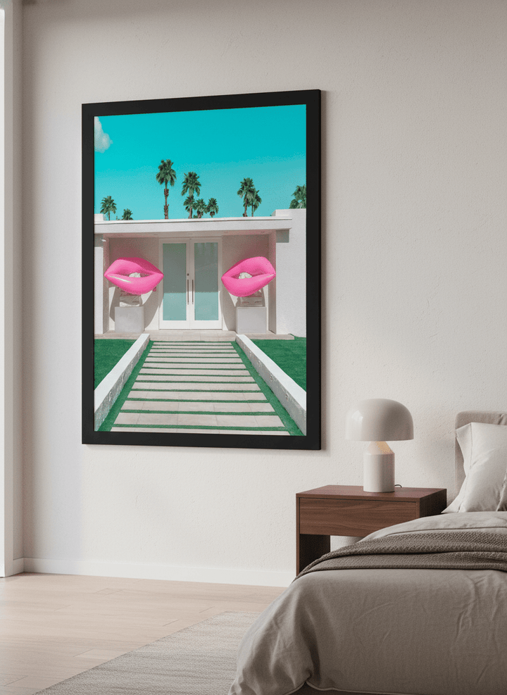 Minimalist artwork displayed in a calm, light-filled bedroom interior