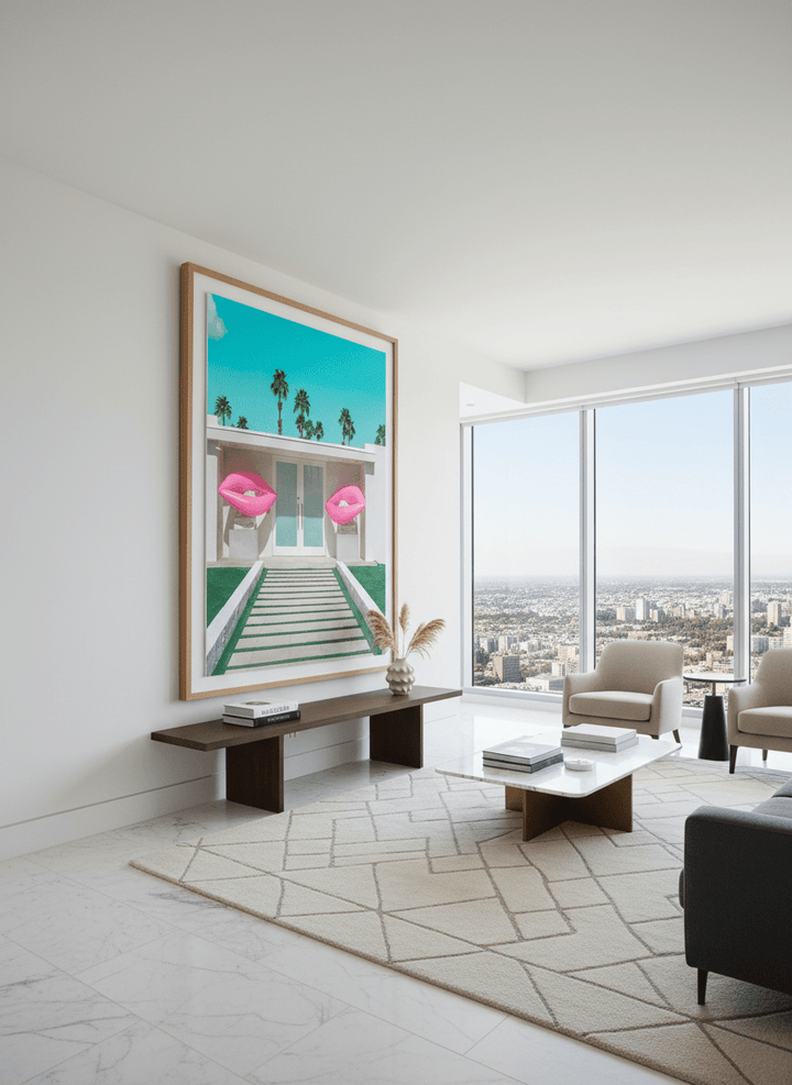 Monumental artwork centred on a feature wall in a luxe interior