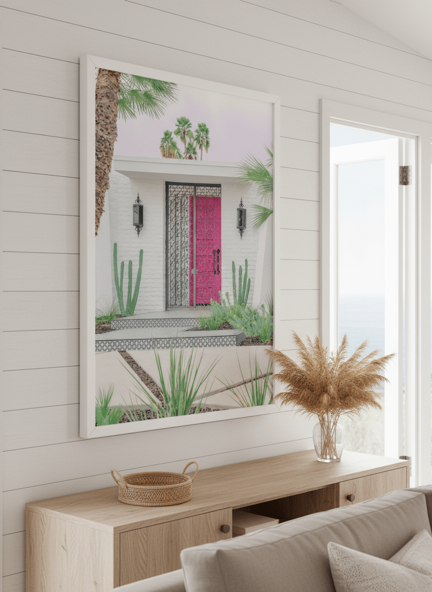 Neutral wall art displayed in a sunny coastal beach house