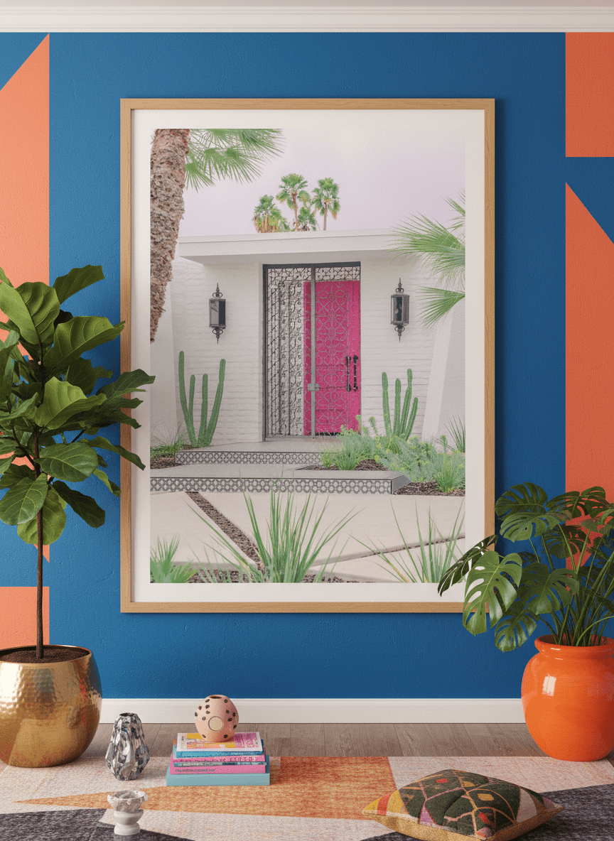 Bold wall art styled in a colourful, eclectic modern home
