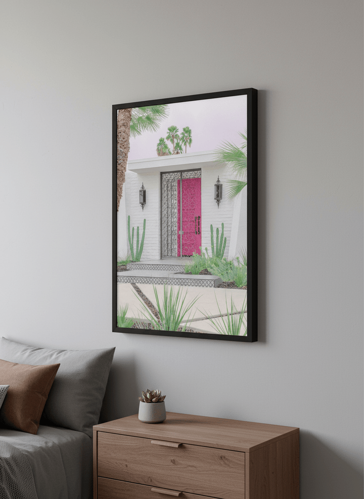 Minimalist artwork displayed in a calm, light-filled bedroom interior