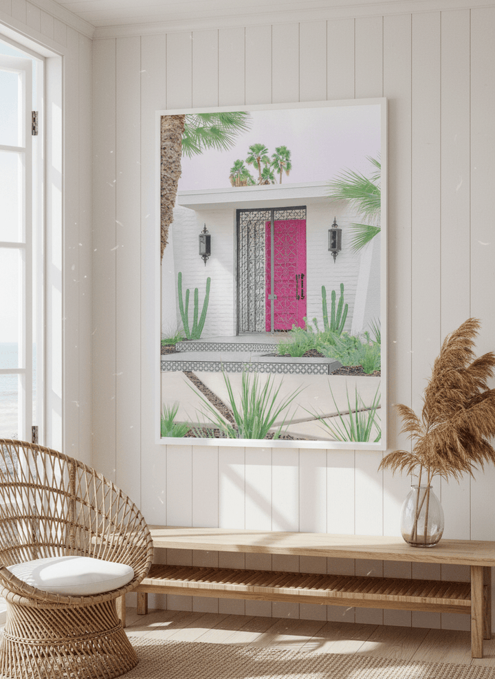 Neutral wall art displayed in a sunny coastal beach house
