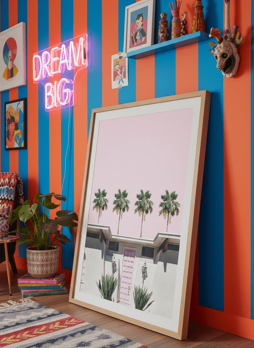 Bold wall art styled in a colourful, eclectic modern home