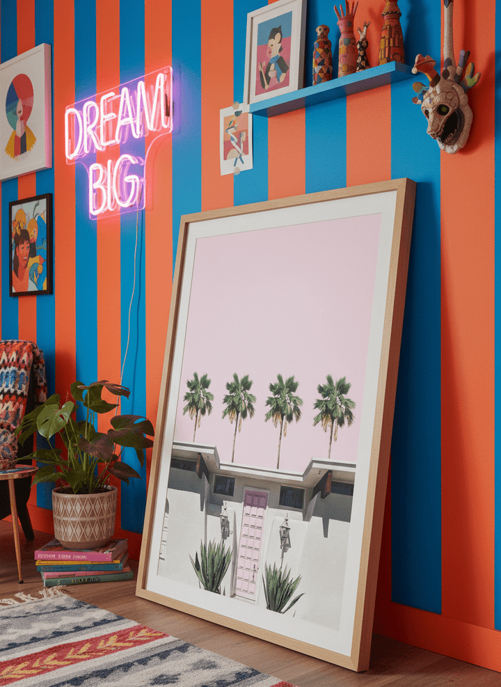 Bold wall art styled in a colourful, eclectic modern home