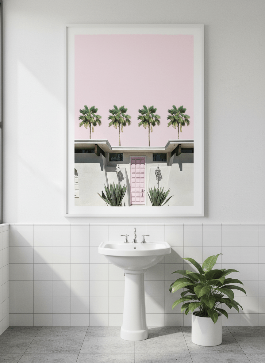 Modern print displayed in a clean minimalist bathroom setting