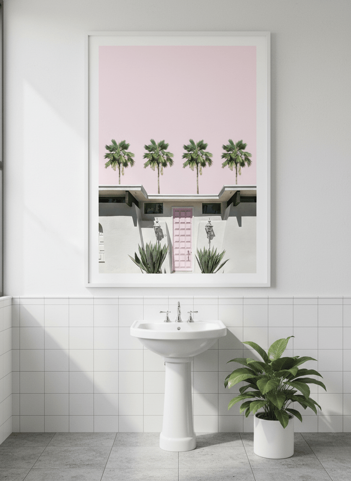 Modern print displayed in a clean minimalist bathroom setting