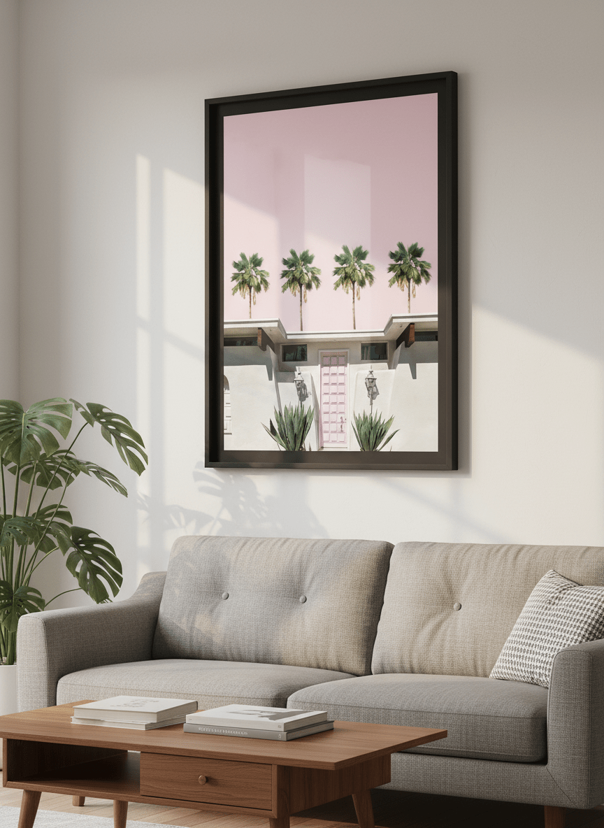Modern wall art styled above a sofa in a neutral living room