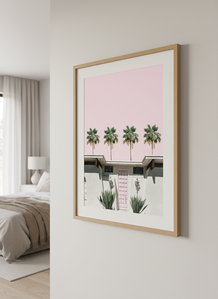 Minimalist artwork displayed in a calm, light-filled bedroom interior