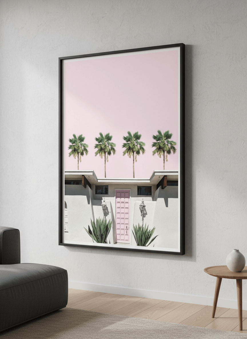 Modern wall art styled above a sofa in a neutral living room