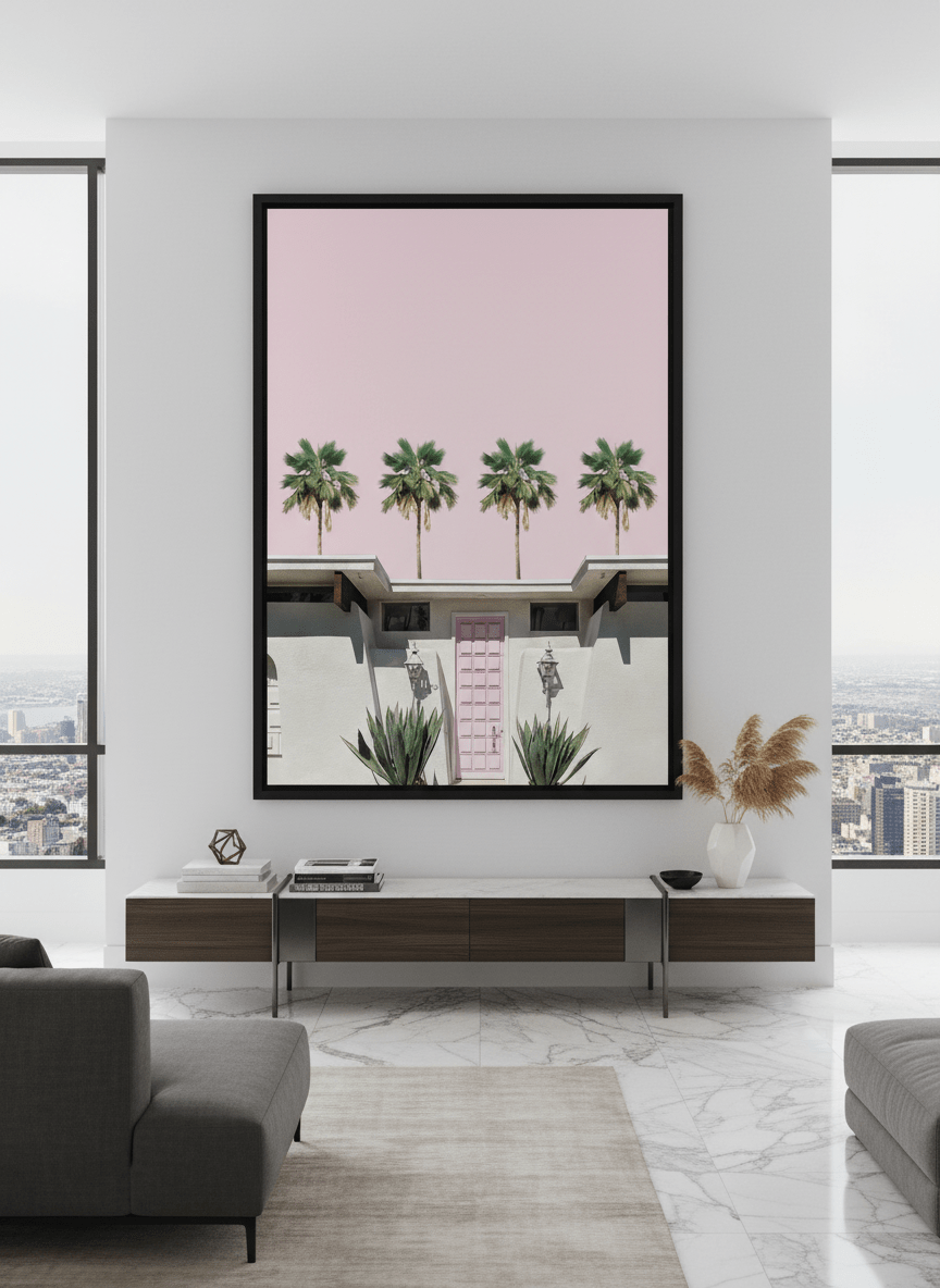 Monumental artwork centred on a feature wall in a luxe interior