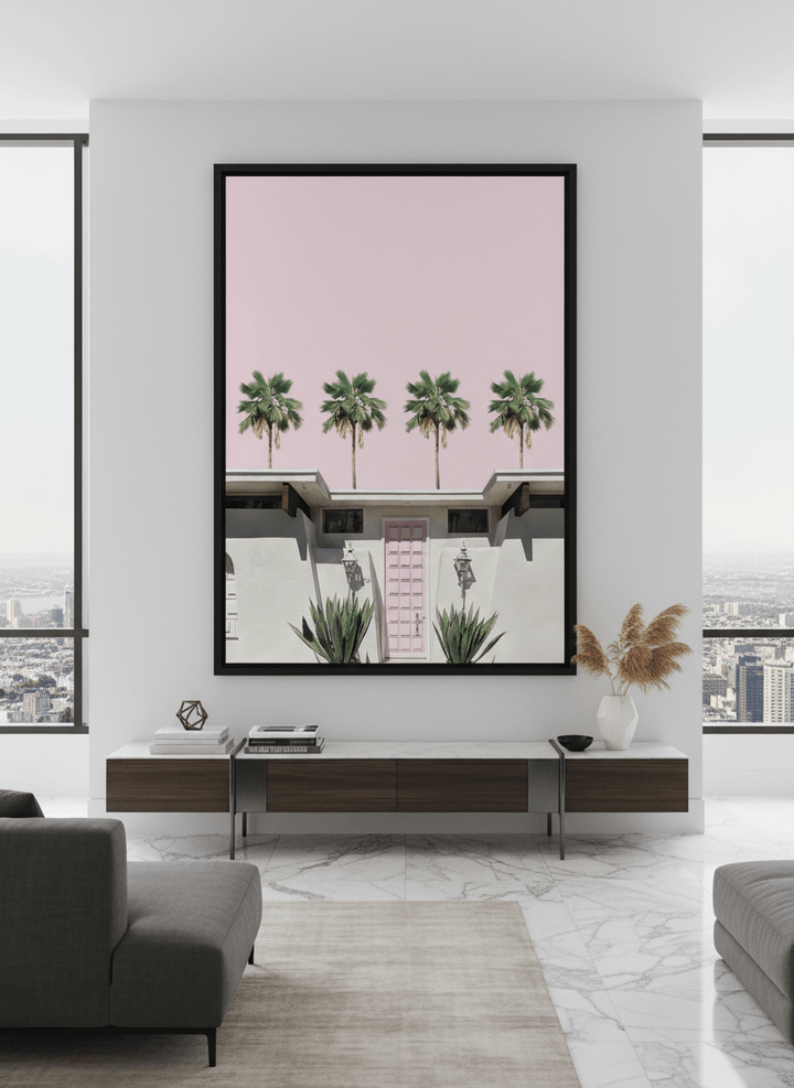 Monumental artwork centred on a feature wall in a luxe interior