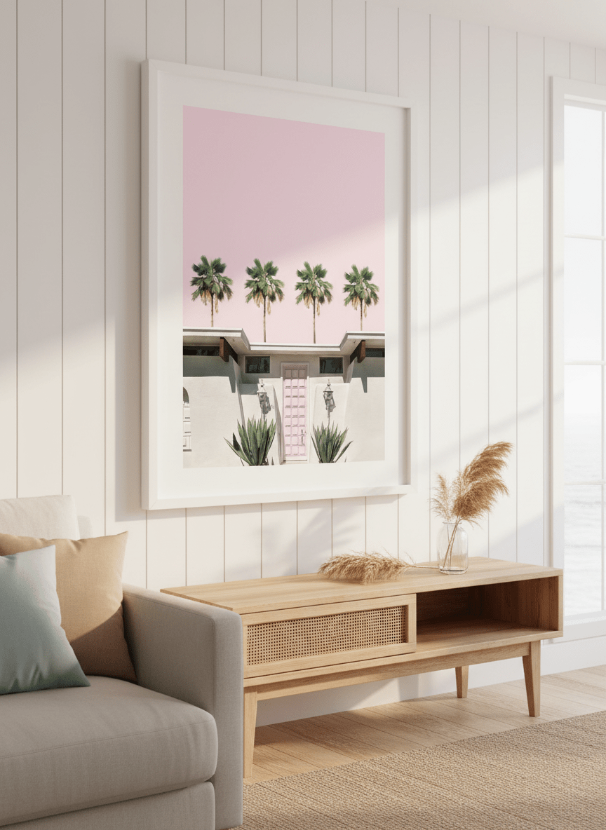 Neutral wall art displayed in a sunny coastal beach house