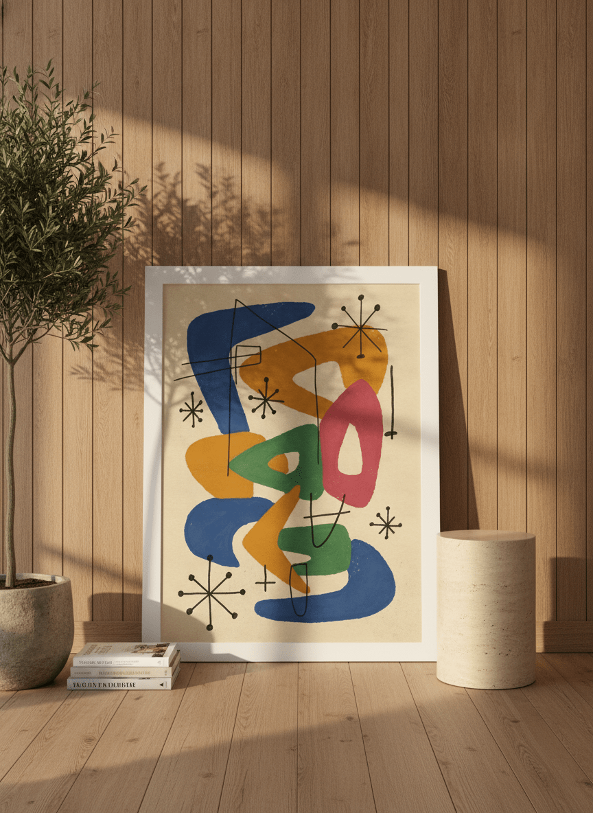 Modern wall art print leaning against the wall in a luxe home office