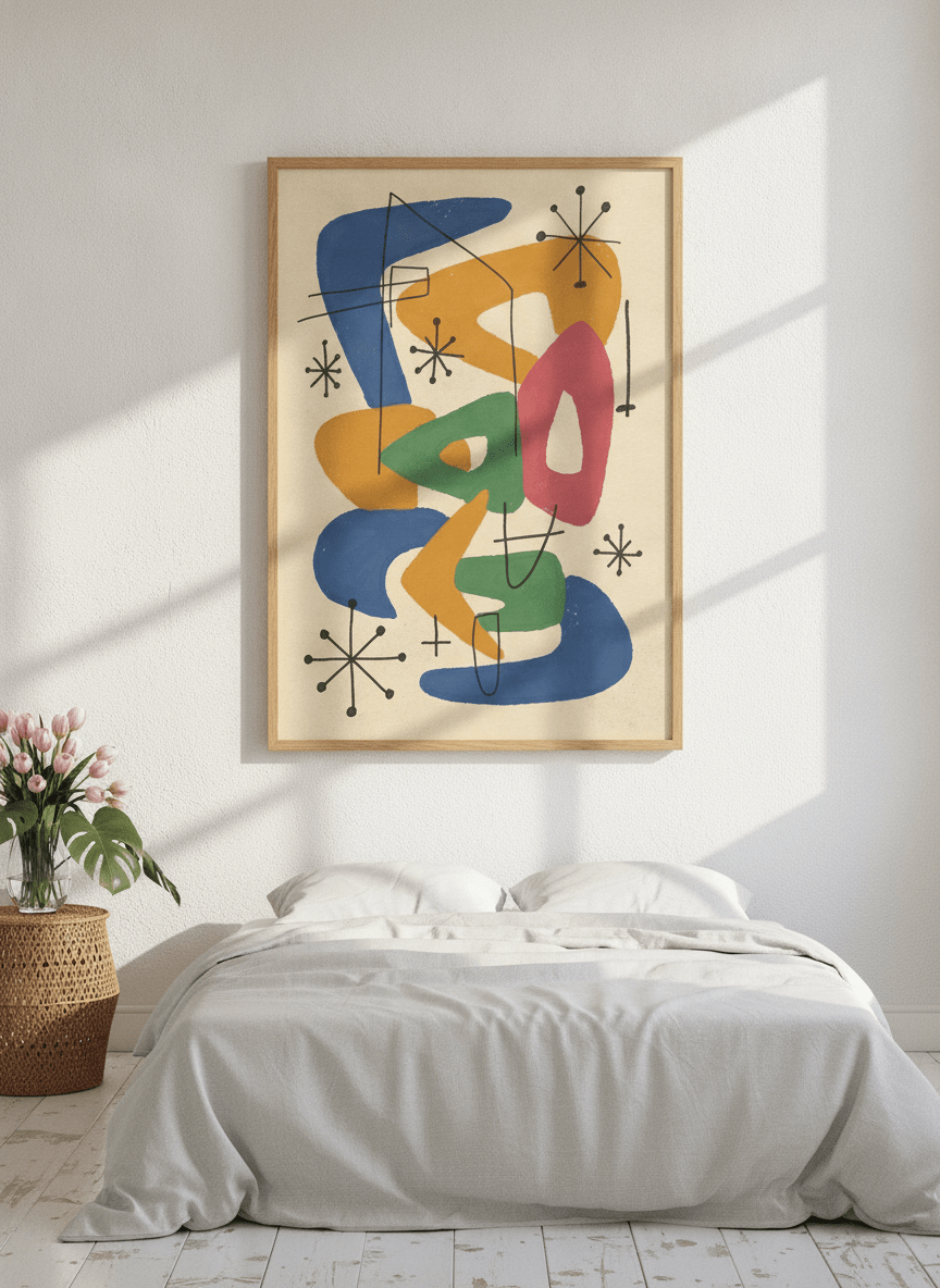 Modern wall art print styled on the wall in a bright Scandinavian bedroom