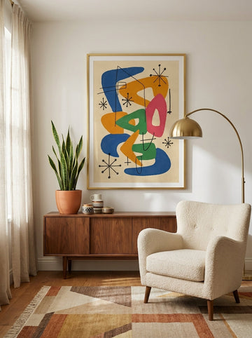 Modern wall art print styled on the wall in a mid-century living room