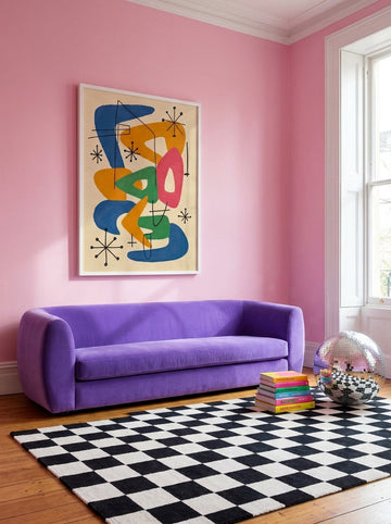 Oversized statement modern wall art print styled on the wall in a colourful eclectic living room