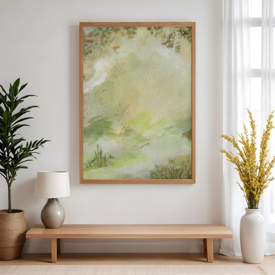 Room interior with a painting, bench, lamp, and plants on a light wooden floor.