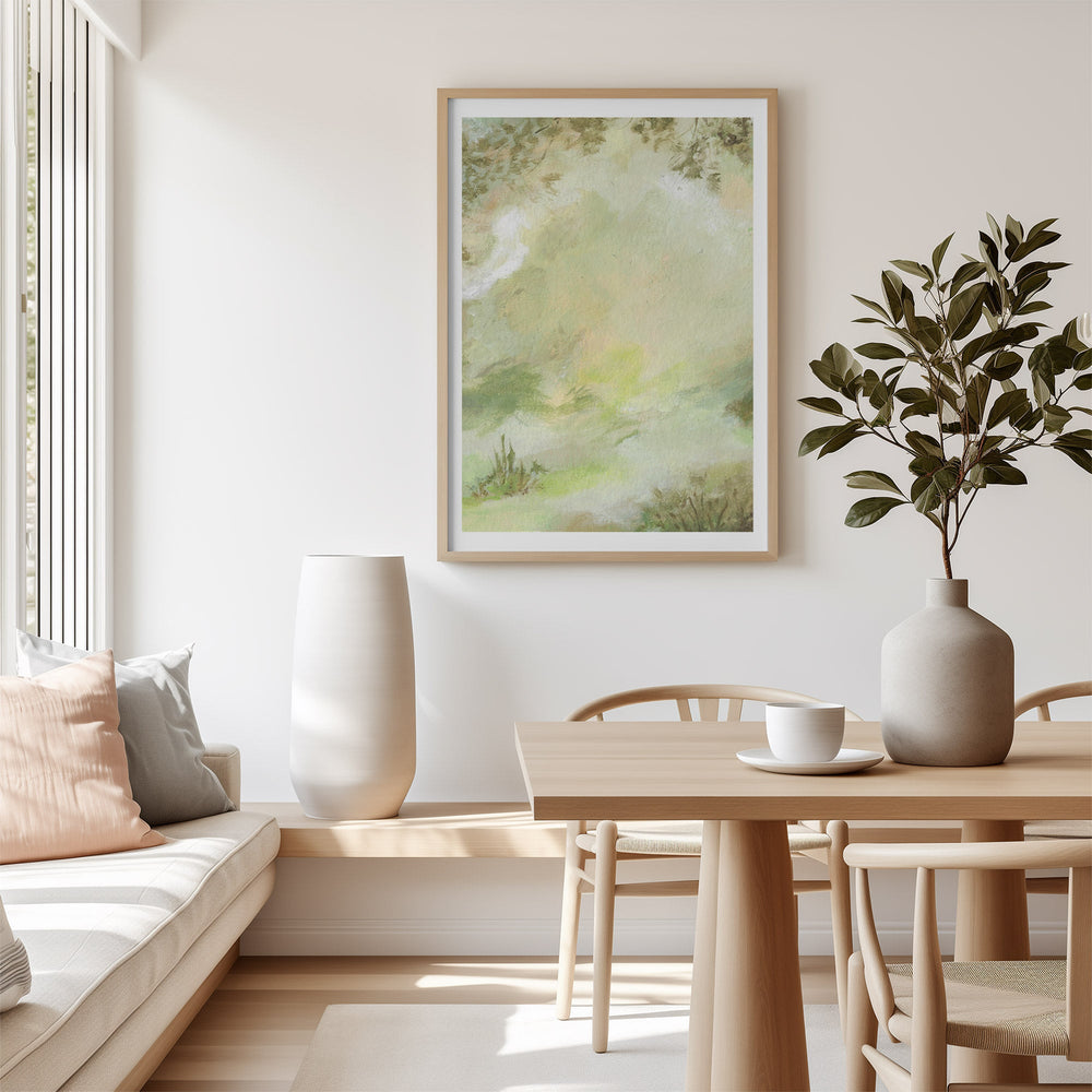 Modern living room with a painting, plant, and wooden furniture.