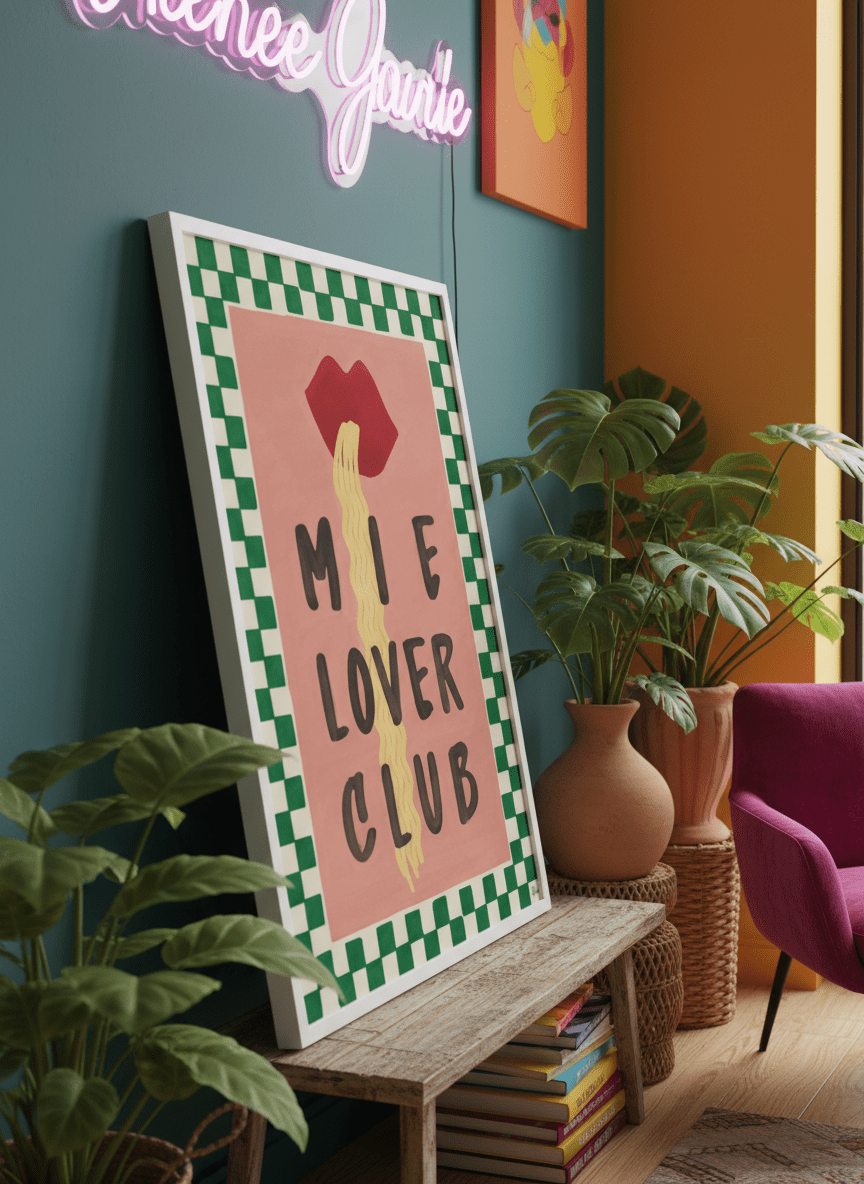 Bold wall art styled in a colourful, eclectic modern home