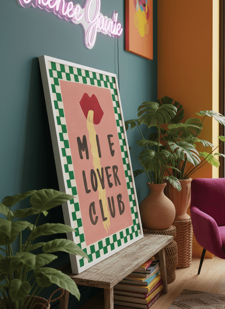 Bold wall art styled in a colourful, eclectic modern home