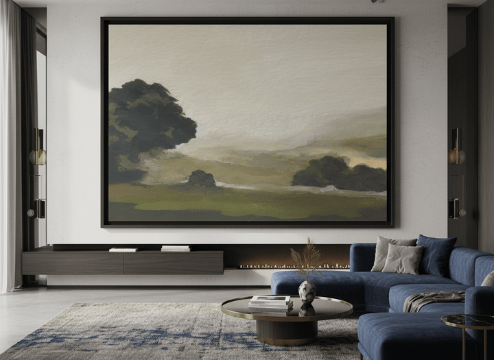 Monumental artwork centred on a feature wall in a luxe interior