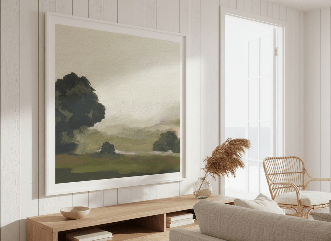 Neutral wall art displayed in a sunny coastal beach house