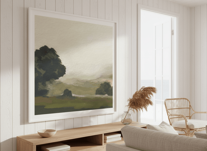 Neutral wall art displayed in a sunny coastal beach house