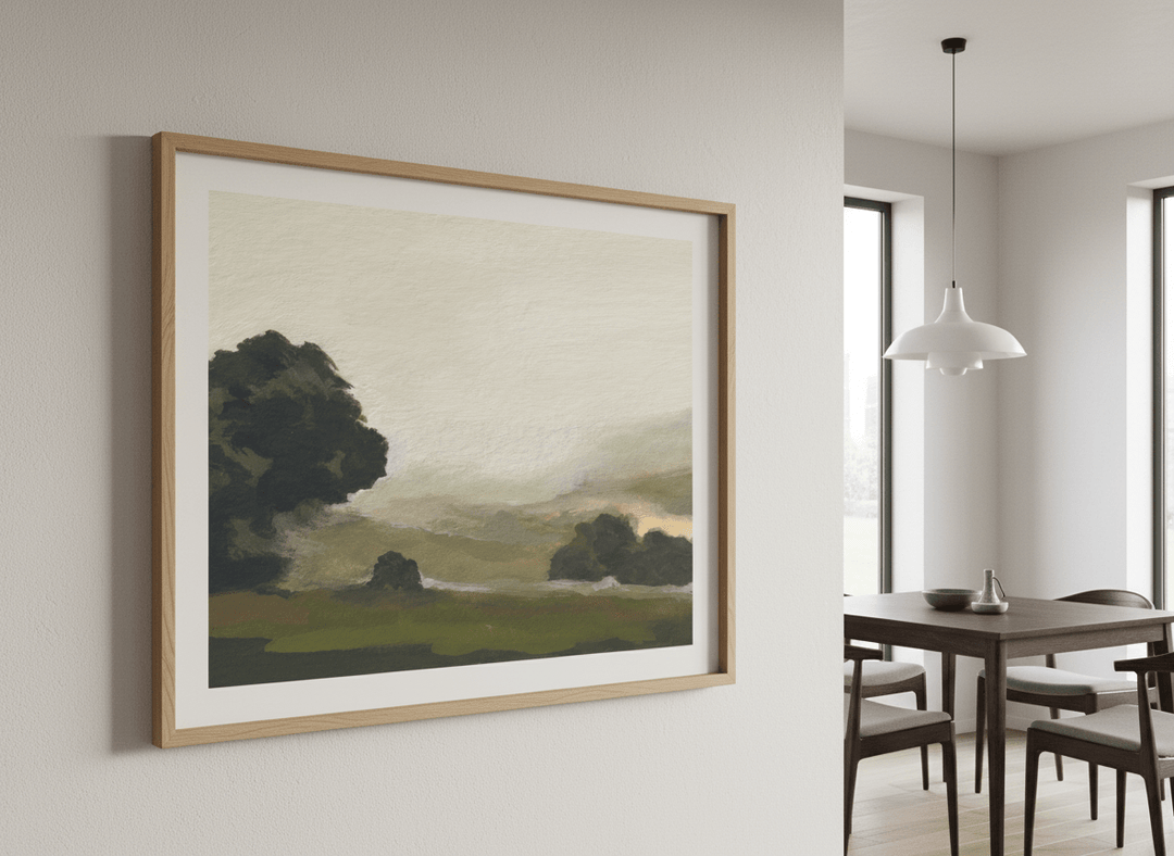 Wall art styled above a dining table in a contemporary home