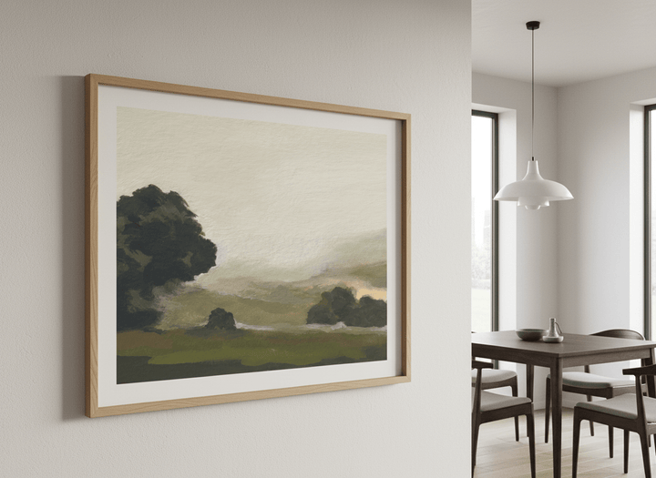 Wall art styled above a dining table in a contemporary home