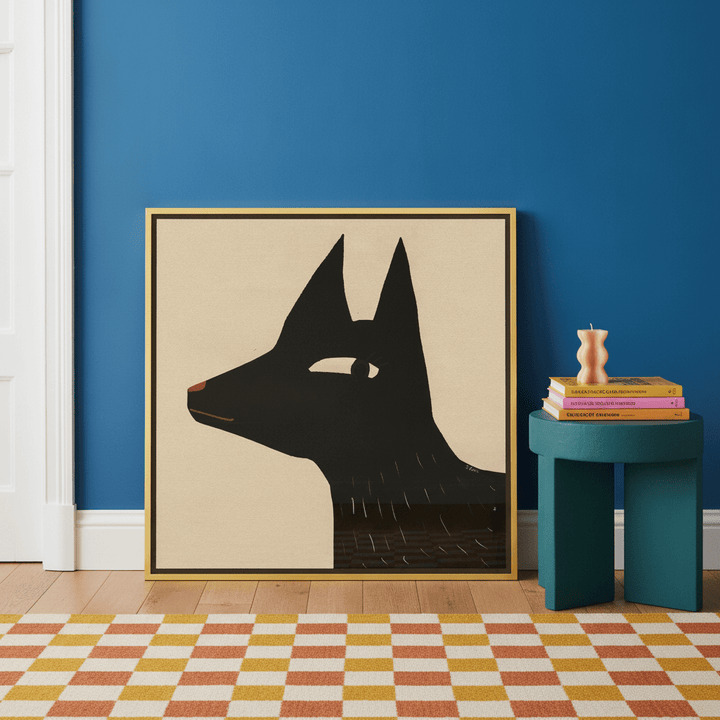 Canvas wall art with a gold leaf surround leaning against the wall in a colourful eclectic dining room