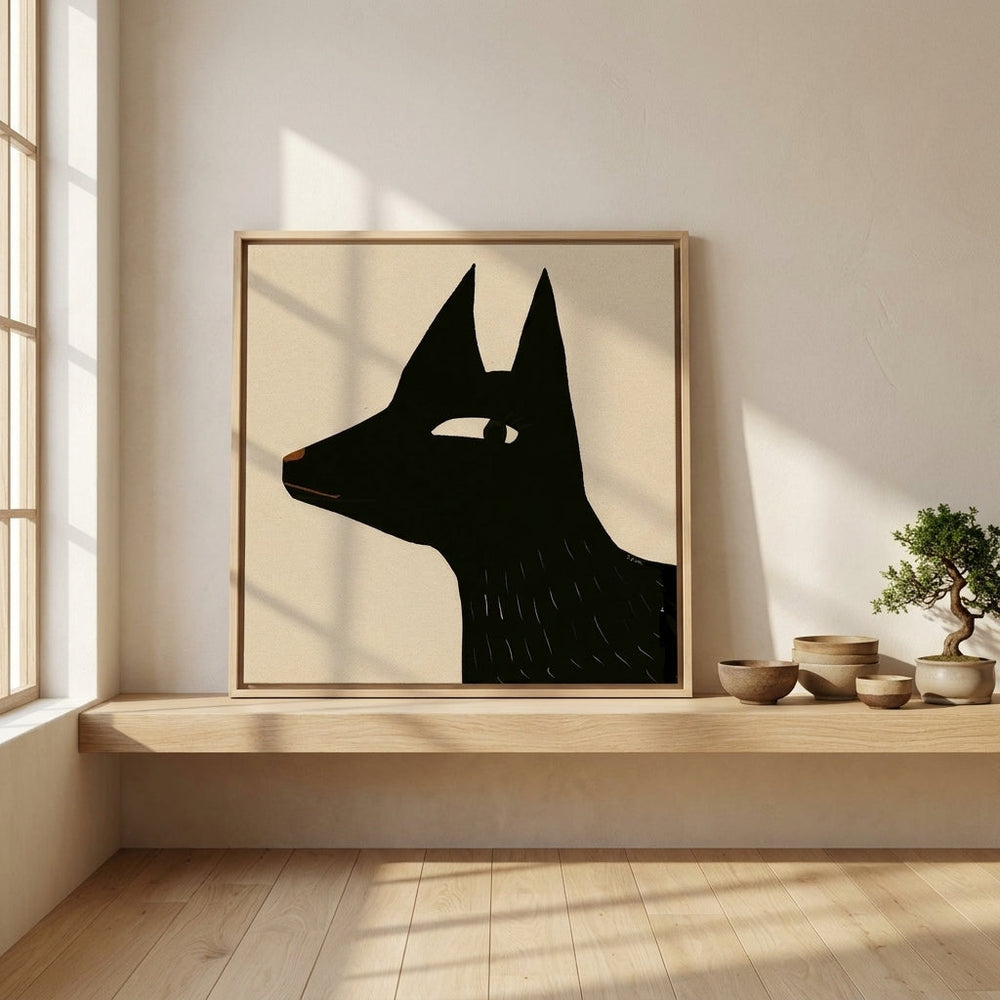 Canvas wall art with a natural timber surround standing on a shelf in a warm Japandi home office