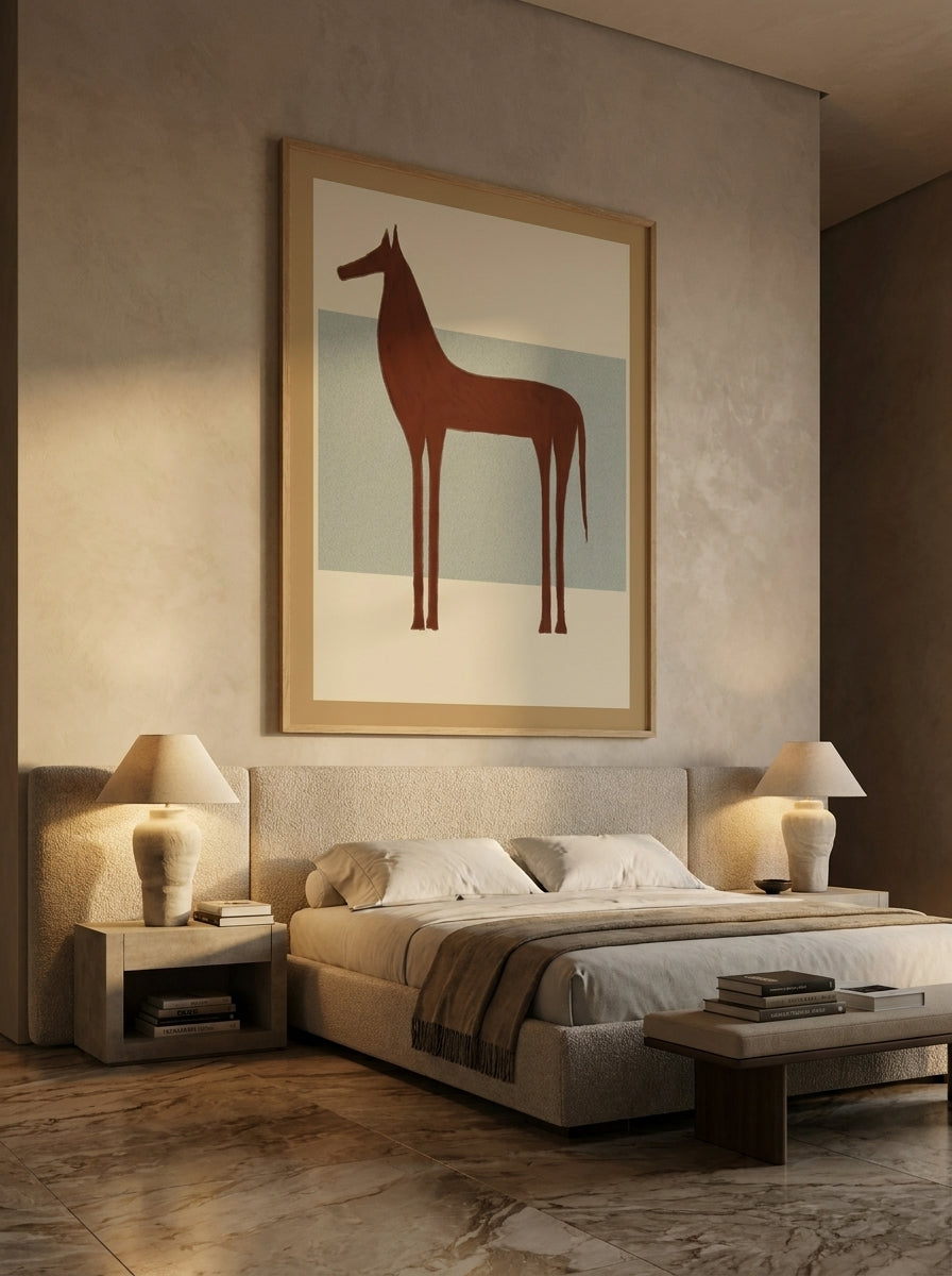 Oversized statement modern wall art print styled on the wall in a luxe bedroom