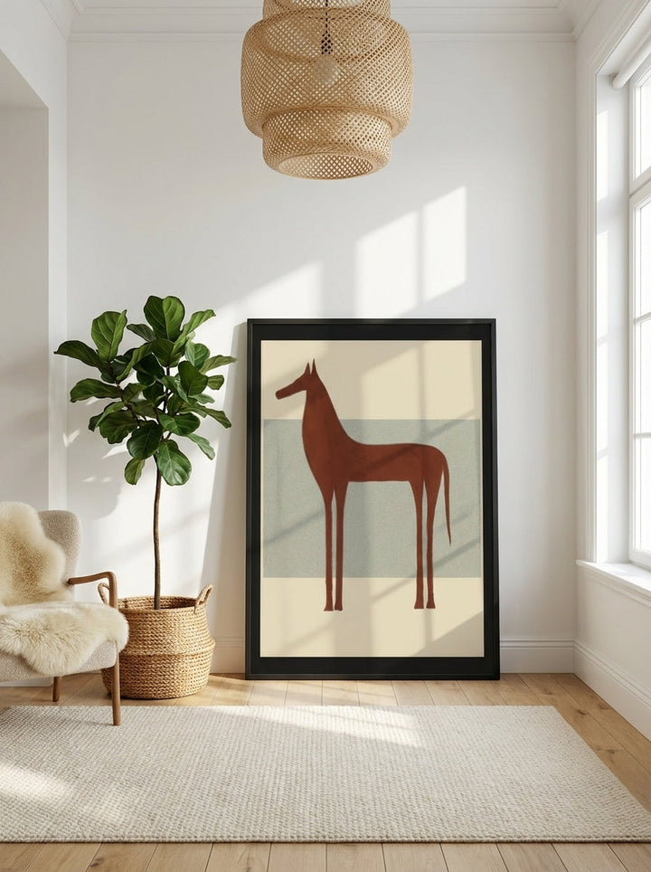 Oversized statement modern wall art print leaning against the wall in a bright Scandinavian bedroom