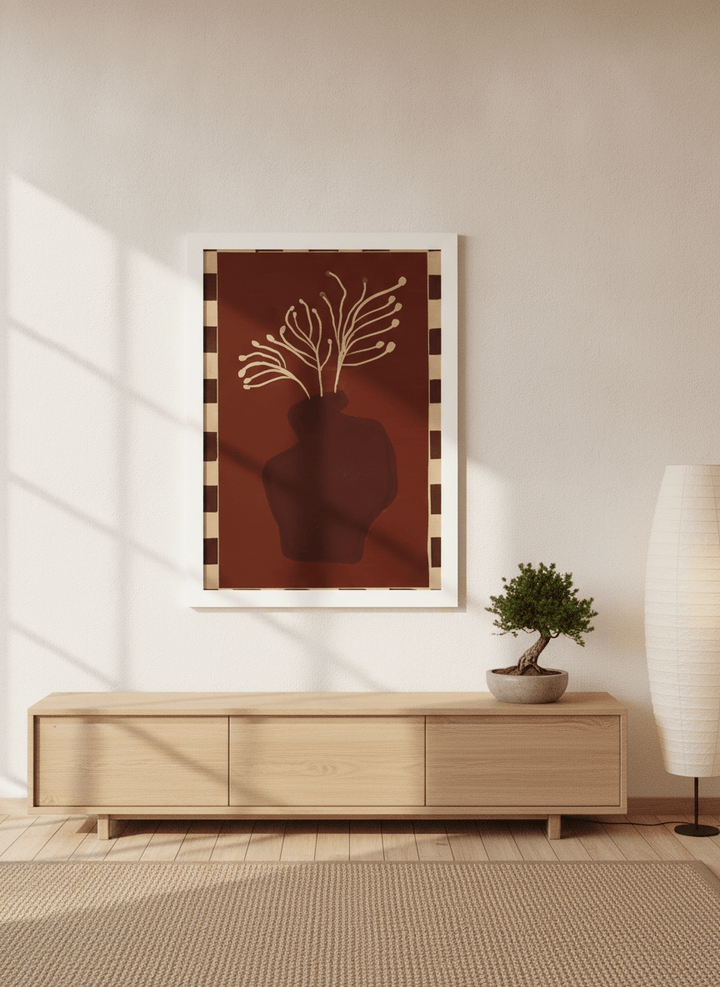 Modern wall art print styled on the wall in a warm Japandi living room