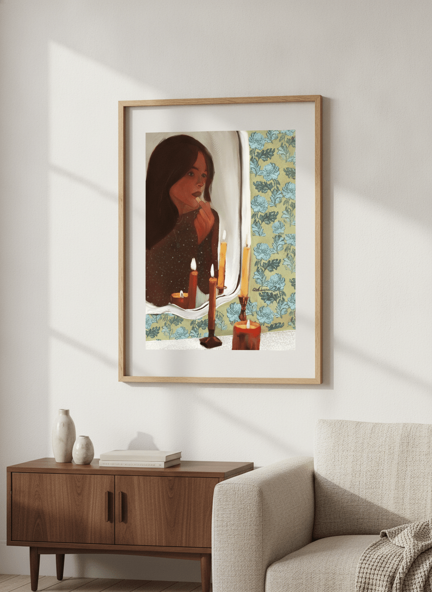 Artwork displayed above a credenza in a real-looking contemporary home