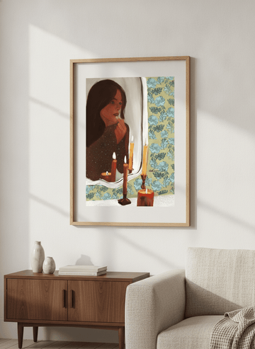 Artwork displayed above a credenza in a real-looking contemporary home