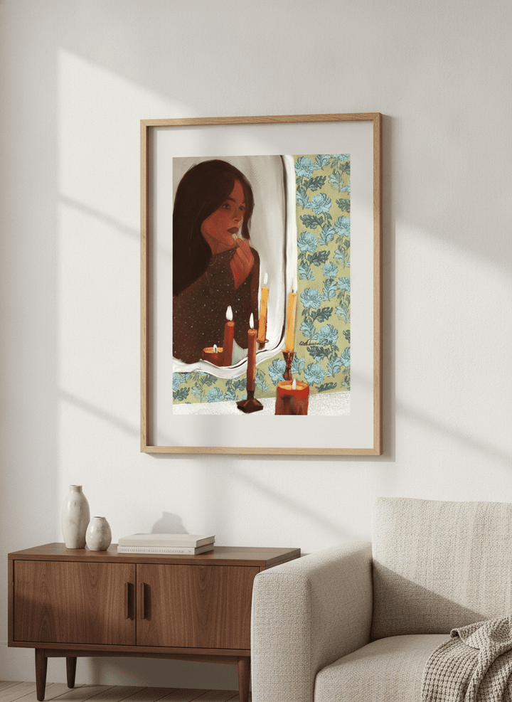 Artwork displayed above a credenza in a real-looking contemporary home