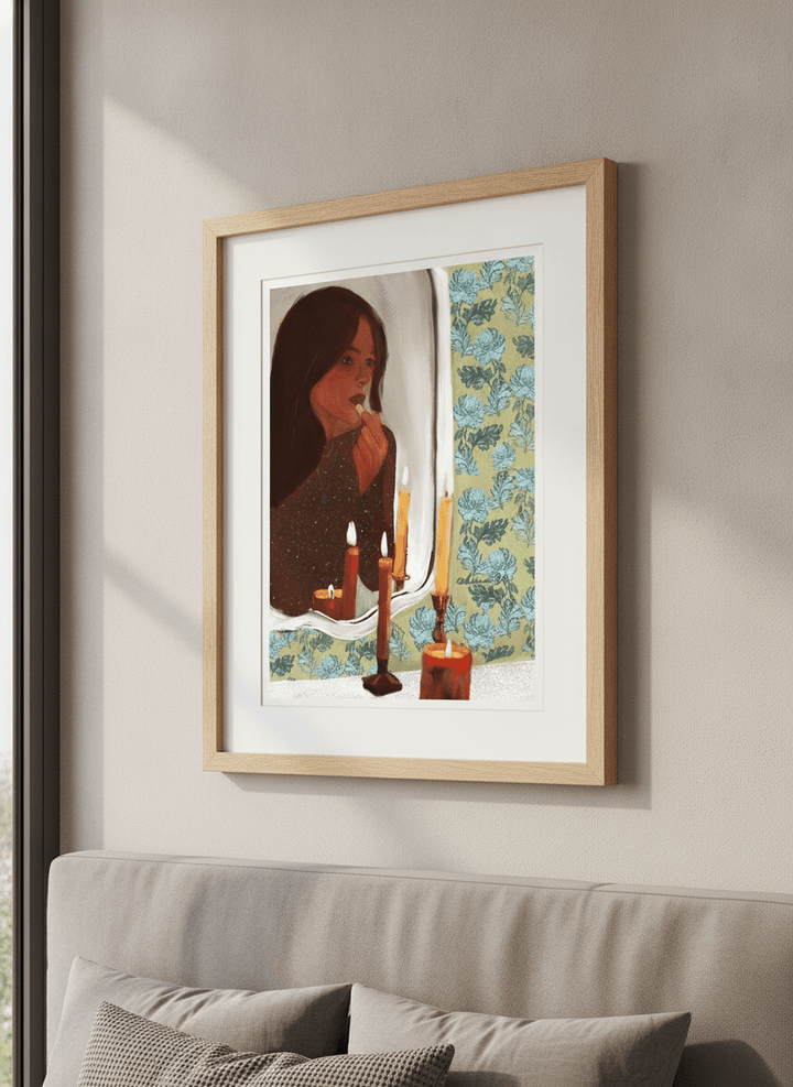 Minimalist artwork displayed in a calm, light-filled bedroom interior