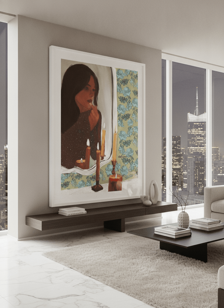 Monumental artwork centred on a feature wall in a luxe interior