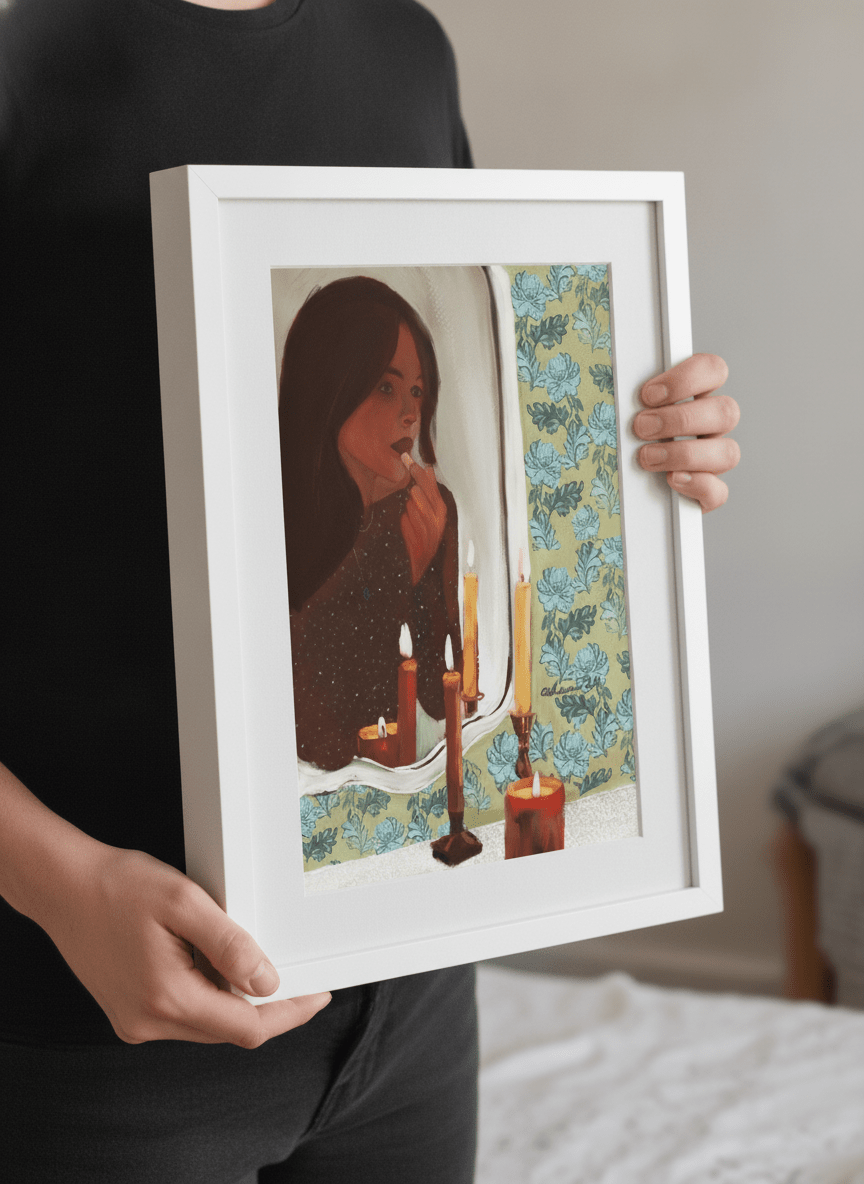 Person showcasing the artwork against a clean modern interior wall