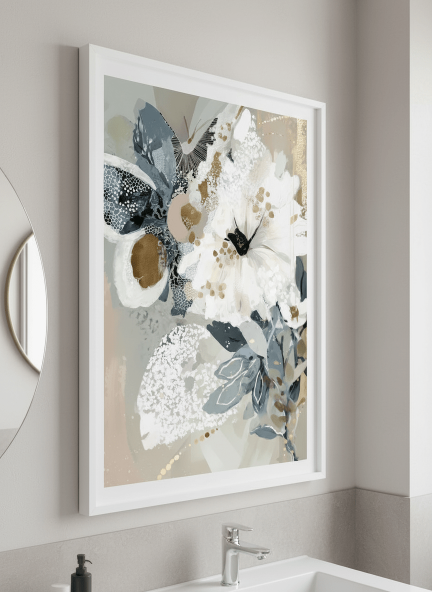 Modern print displayed in a clean minimalist bathroom setting