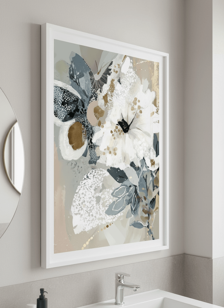 Modern print displayed in a clean minimalist bathroom setting