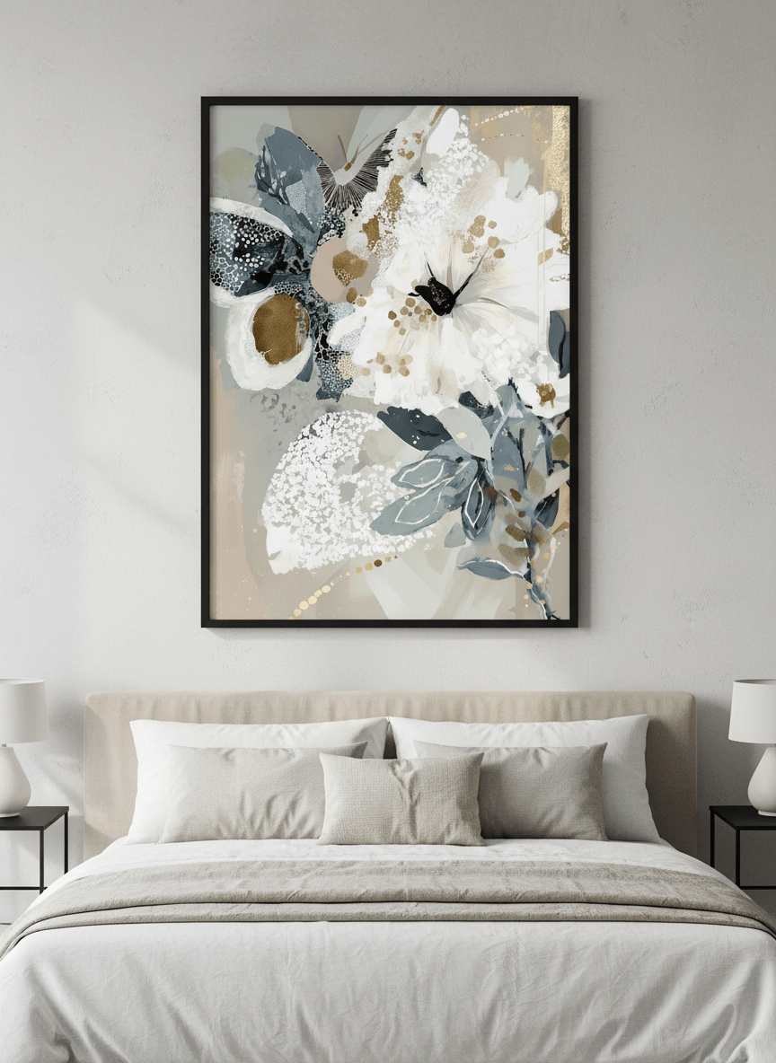 Minimalist artwork displayed in a calm, light-filled bedroom interior