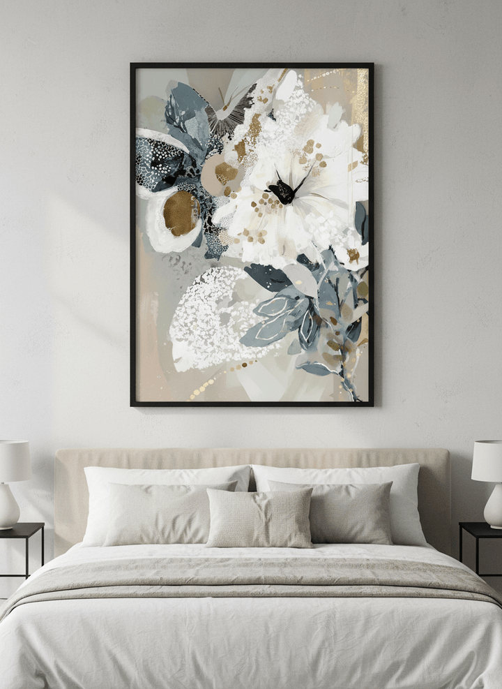 Minimalist artwork displayed in a calm, light-filled bedroom interior