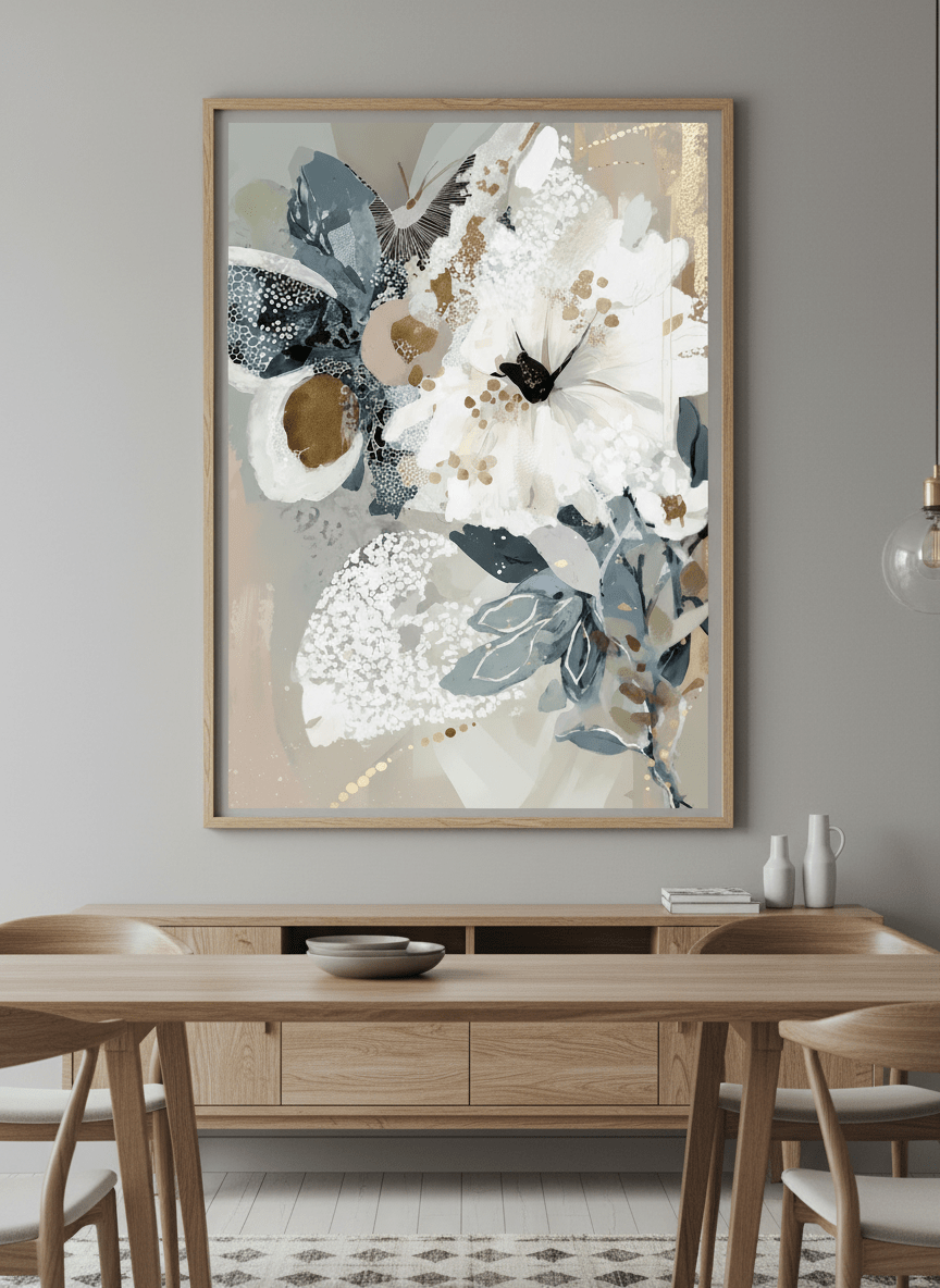 Wall art styled above a dining table in a contemporary home