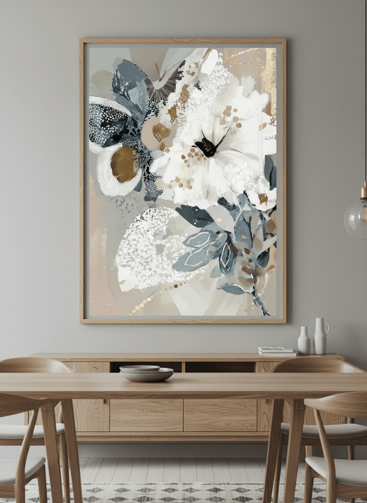 Wall art styled above a dining table in a contemporary home
