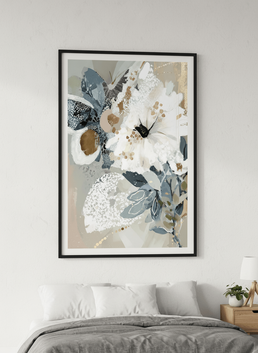 Minimalist artwork displayed in a calm, light-filled bedroom interior