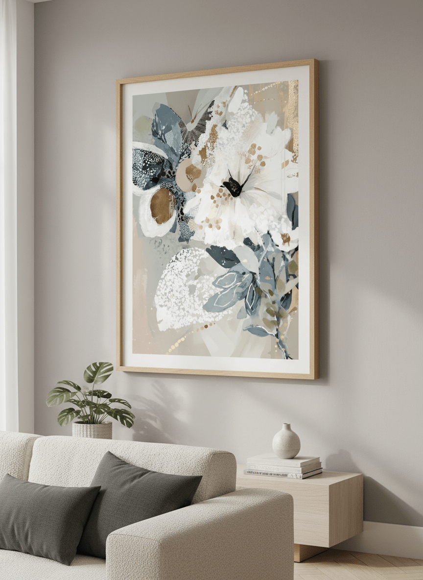 Modern wall art styled above a sofa in a neutral living room