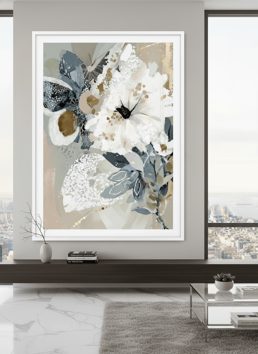 Monumental artwork centred on a feature wall in a luxe interior