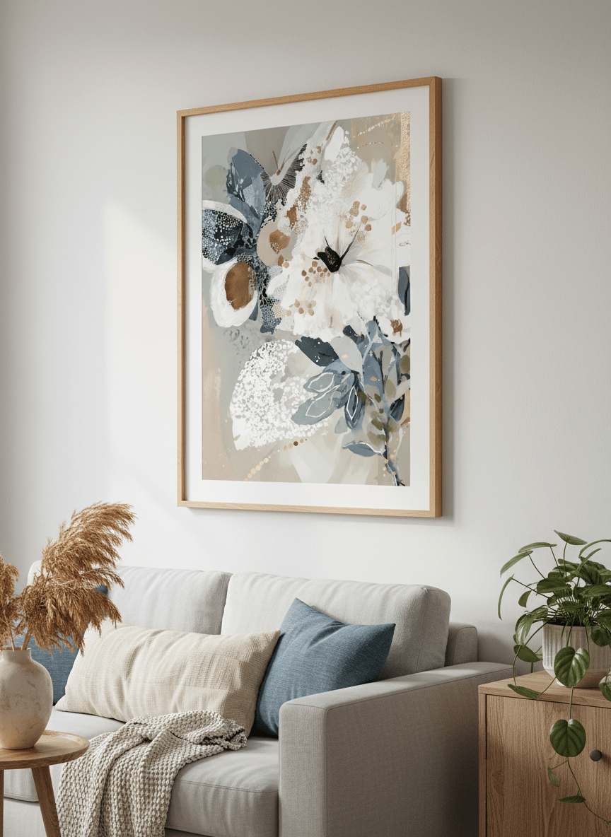 Modern wall art styled above a sofa in a neutral living room